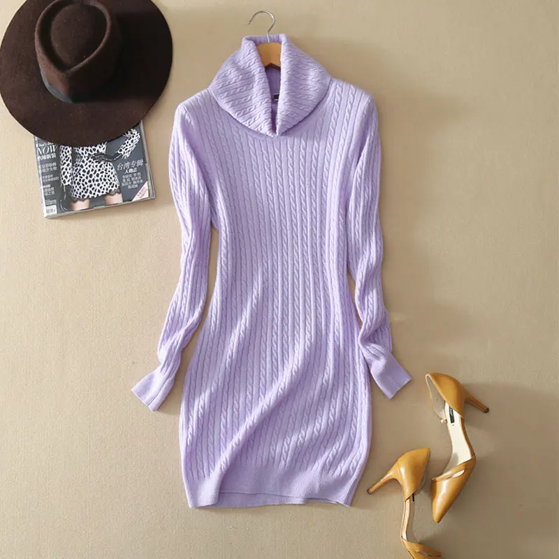 

2018 Spring Autumn 100% Pure Cashmere Turtleneck Dress For Women Knitting Slim-fitting Pullover Long Casual Cashmere Dress