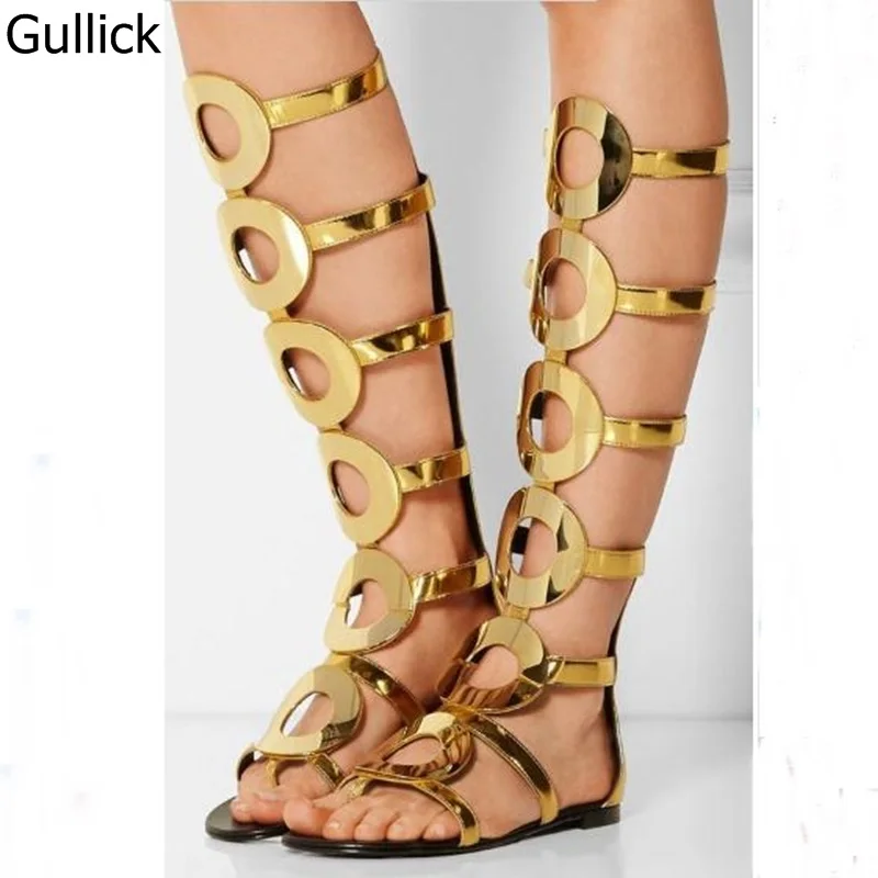 New Arrival Exotic Style Women Fashion Cut Outs Flat Sandal Boots Gold Metal Ring Buckles Design