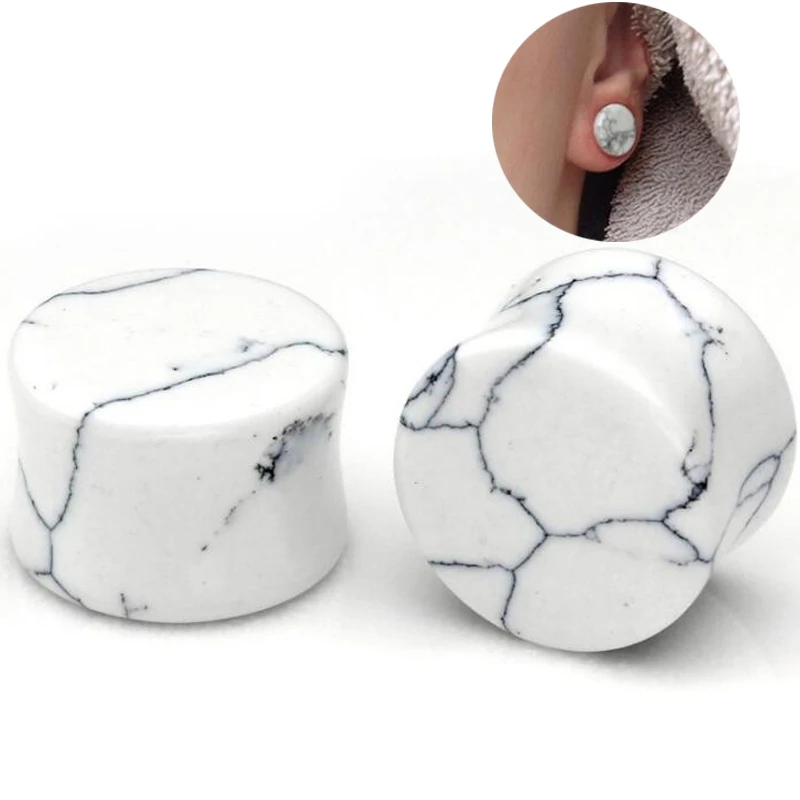 2Pieces 5 25mm White Natural Stone Ear Gauges Plugs Flesh Tunnels