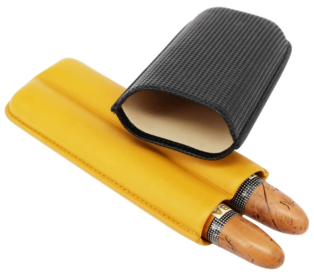 Black&Yellow leather handmade cigar case holder cigar box with 2 Tube