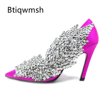 

2019 Rhinestone Wing Heels Shoes Woman Pointed Toe Rosy Red Green Luxury Satin Stilettos Women Sexy Wedding Shoes