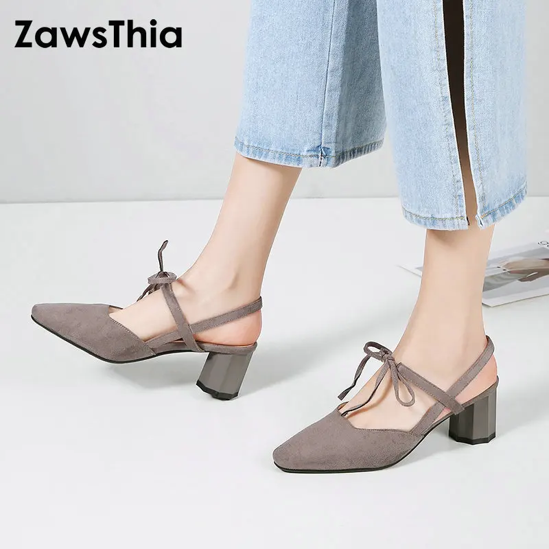 

ZawsThia 2019 ladies summer med high heel shoes cross strap women sandals sling back chaussures femme sandale sandalias mujer