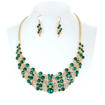 

luxury green rhinestone crystal short choker statement necklace earrings engagement gem stone jewelry sets for women