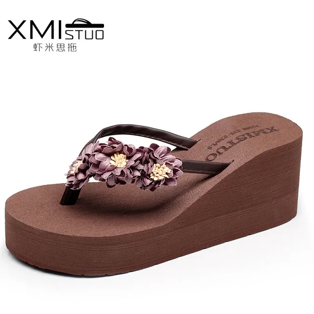 Chanclas de mujer/шлепанцы на платформе с цветами; женская летняя пляжная обувь; женские шлепанцы на танкетке и высоком каблуке; женские вьетнамки - Цвет: brown 7cm