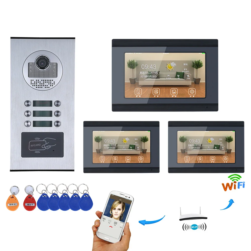 

7inch Record Wired Wifi 3/4/5/6 Apartment/Family Video Door Phone Intercom System RFID IR-CUT HD 1000TVL Camera with 6 button