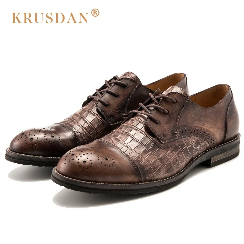 KRUSDAN Formal Handmade Cap Top Man Brogue Dress Shoes Genuine Leather Alligator Oxfords Round Toe Men's Business Flats