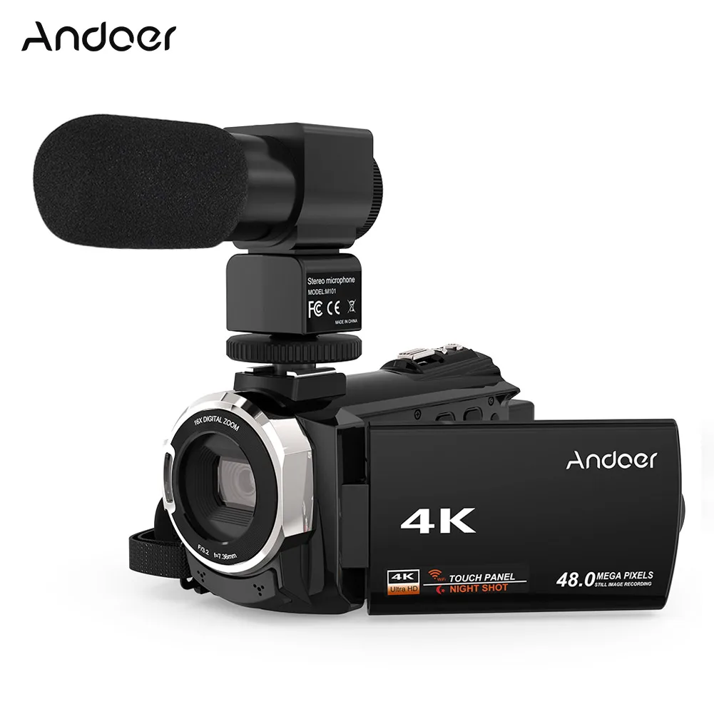 Andoer 4K 1080P 48MP WiFi цифровая видеокамера регистратор с внешним микрофоном Novatek 16X цифровой зум - Цвет: Черный