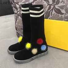Luchfive Knitted Ankle Boots for women colorful pompoms platform flat heels warm Wool Stretch Short snow boots sock shoes