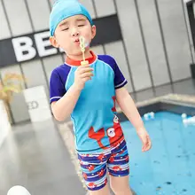 Детский топ с рисунком краба для мальчиков, шорты, купальный костюм с шапкой, новинка года, летний Мягкий купальный костюм с короткими рукавами Детские купальники для детей от 2 до 9 лет