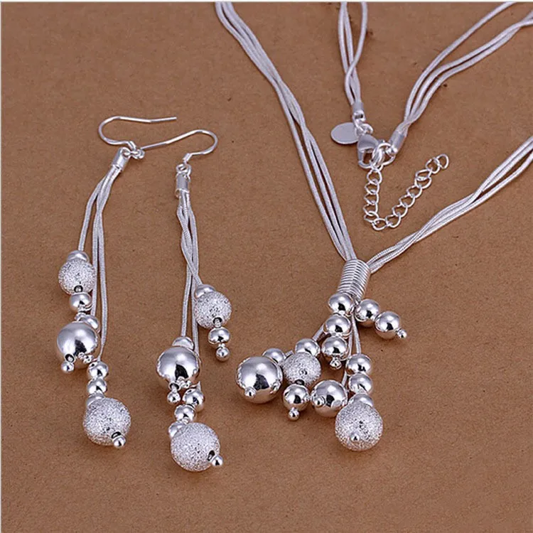 

Wholesale Silver Jewelery Set, Cheap Party Wedding Sets, Fashion Three Layering Beads Silver Necklace Earrings Two-Piece