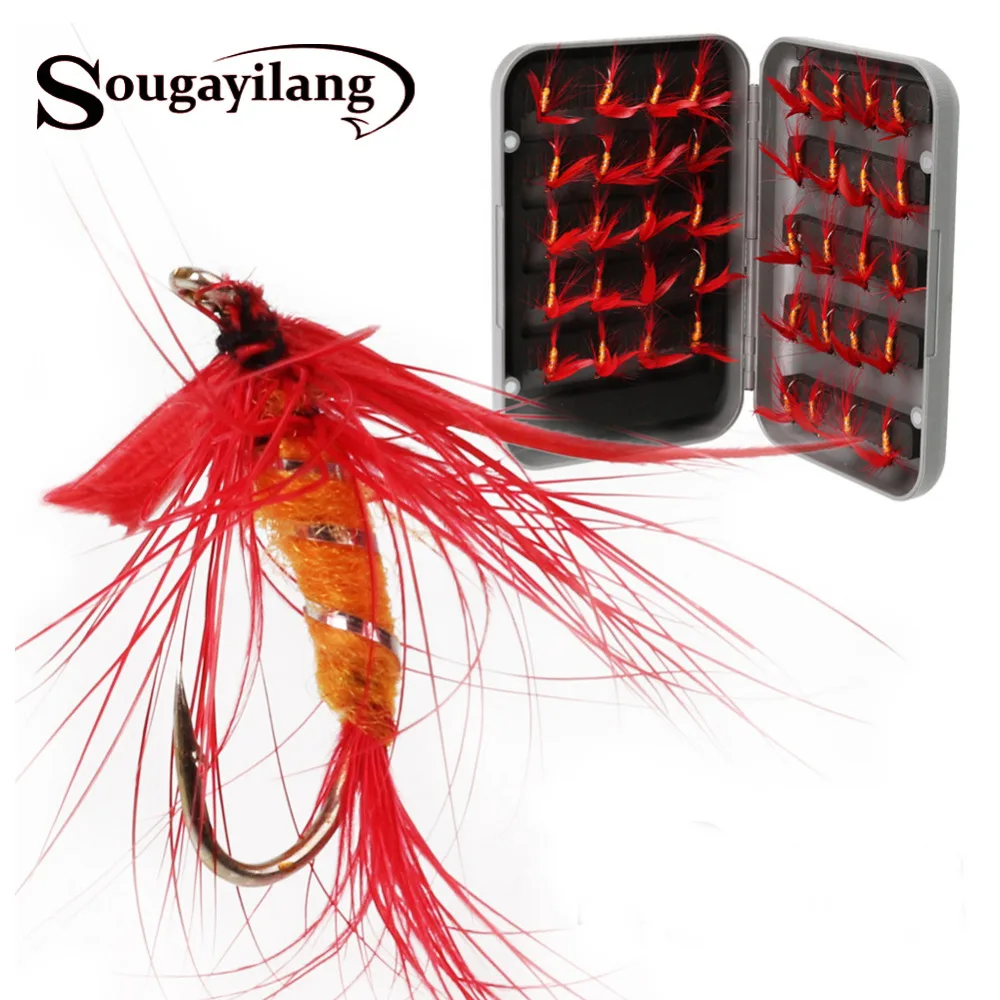 Sougayilang 40pcs Dry Flies Artificial Trout Nymphs Fly Fishing Flies with Box 30mm Red Salmon