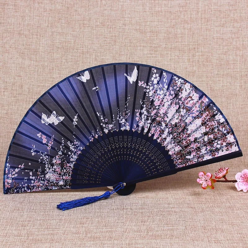 4 Colors 1Pcs Summer Chinese Hand Silk Cloth Fans Pocket Folding Bamboo