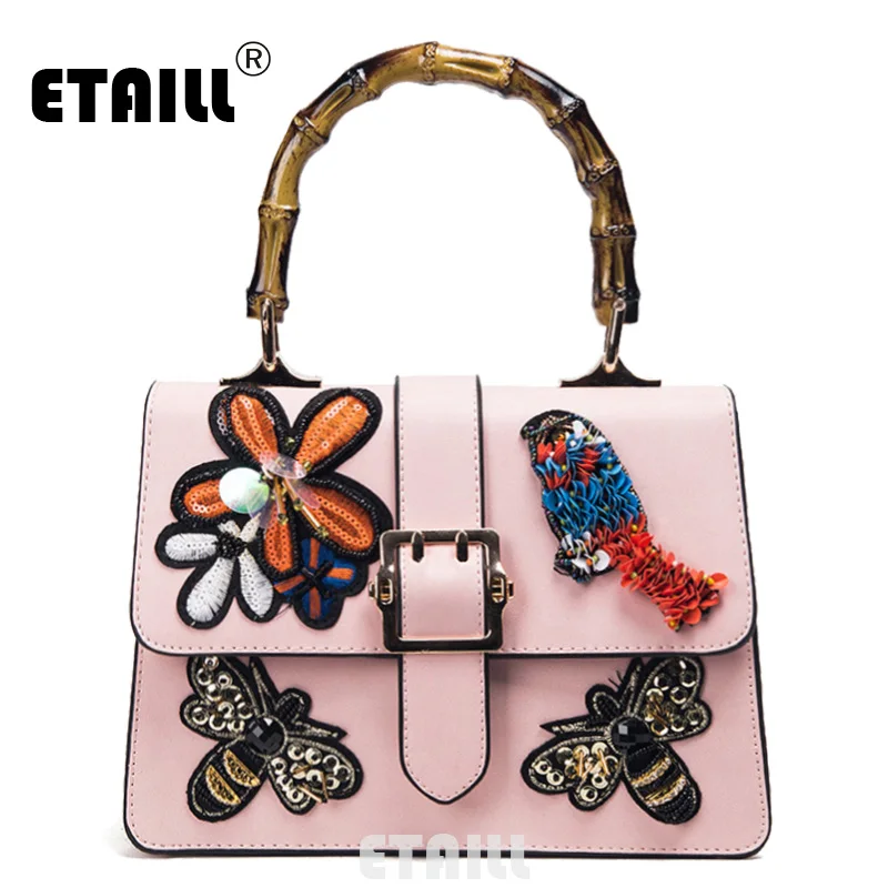 

ETAILL Autumn National Floral Bee Embroidery Shoulder Bag Ladies Small Buckle Crossbody Bag with Bamboo Handle Bolsas Femininas