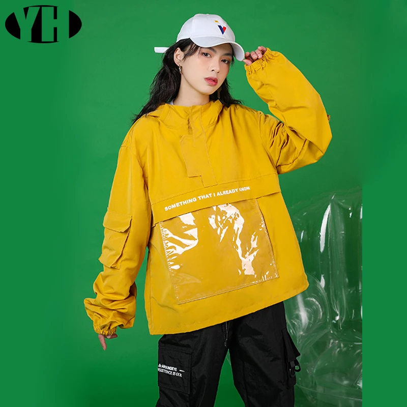 

2019 new arrive Hip hop girls fashion loose suits yellow coat with black pants hooded playful brand street tracksuits