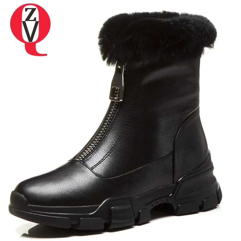 

ZVQ 2018 newest winter warm front zip genuine leather women shoes med wedges platform round toe outside comfortable snow boots