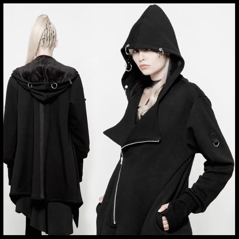 Женское панк таинственное пальто с неровным подолом, модный готический женский черный плащ с капюшоном, уличная одежда, Панк кардиган