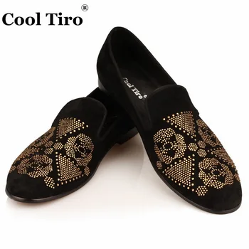 

COOL TIRO Strass Men Loafers Black Suede slide slippers Gold Flowers Rhinestones Dress Shoes Men's Flats Genuine Leather Casual