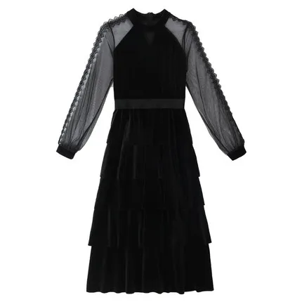 Новое Женское Платье черное бархатное бальное платье с длинным рукавом весна Высокая талия сексуальные элегантные до середины икры осенние платья Леди vestido