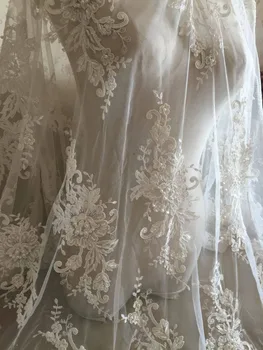 

Ivory Alencon Lace Fabric Floral Pearl Beaded Sequined Wedding Lace Fabric 55 Inches Wide 1 Yard