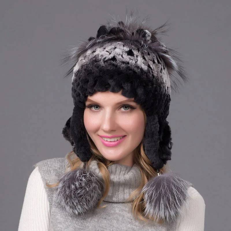 

Autumn and winter leather female rabbit fur hat female fox wool flower striped knitted fox fur ball hat Russia high quality hat