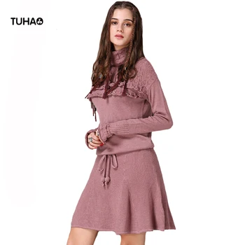 

TUHAO Winter Knitted Sweater Dress Women Ruffles Long Sleeve Turtleneck Casual Dresses Vestidos T82075