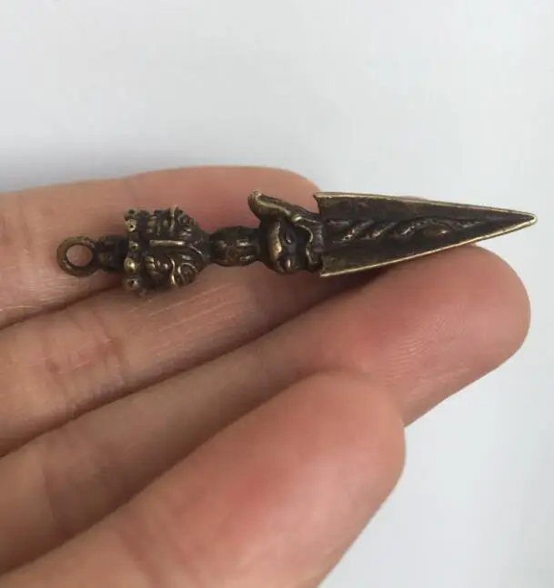 

56MM Bronze Triple face Tibet Buddha Dagger Holder Amulet Pendant
