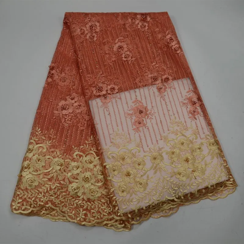 

African Laces Fabric Embroidered nigerian Guipure French Lace Fabric Peach color french net lace with stones good price