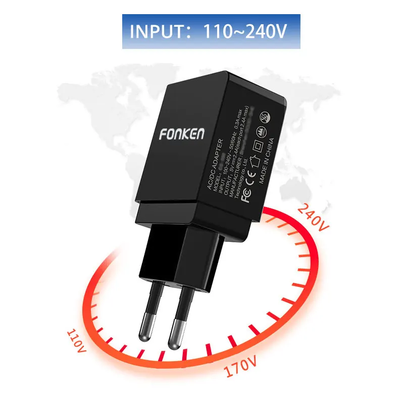 Светодиодный дисплей FONKEN, двойное зарядное устройство USB, макс. A, зарядка для телефона, умная быстрая зарядка, 2 порта, настенное зарядное устройство для мобильного телефона, адаптер