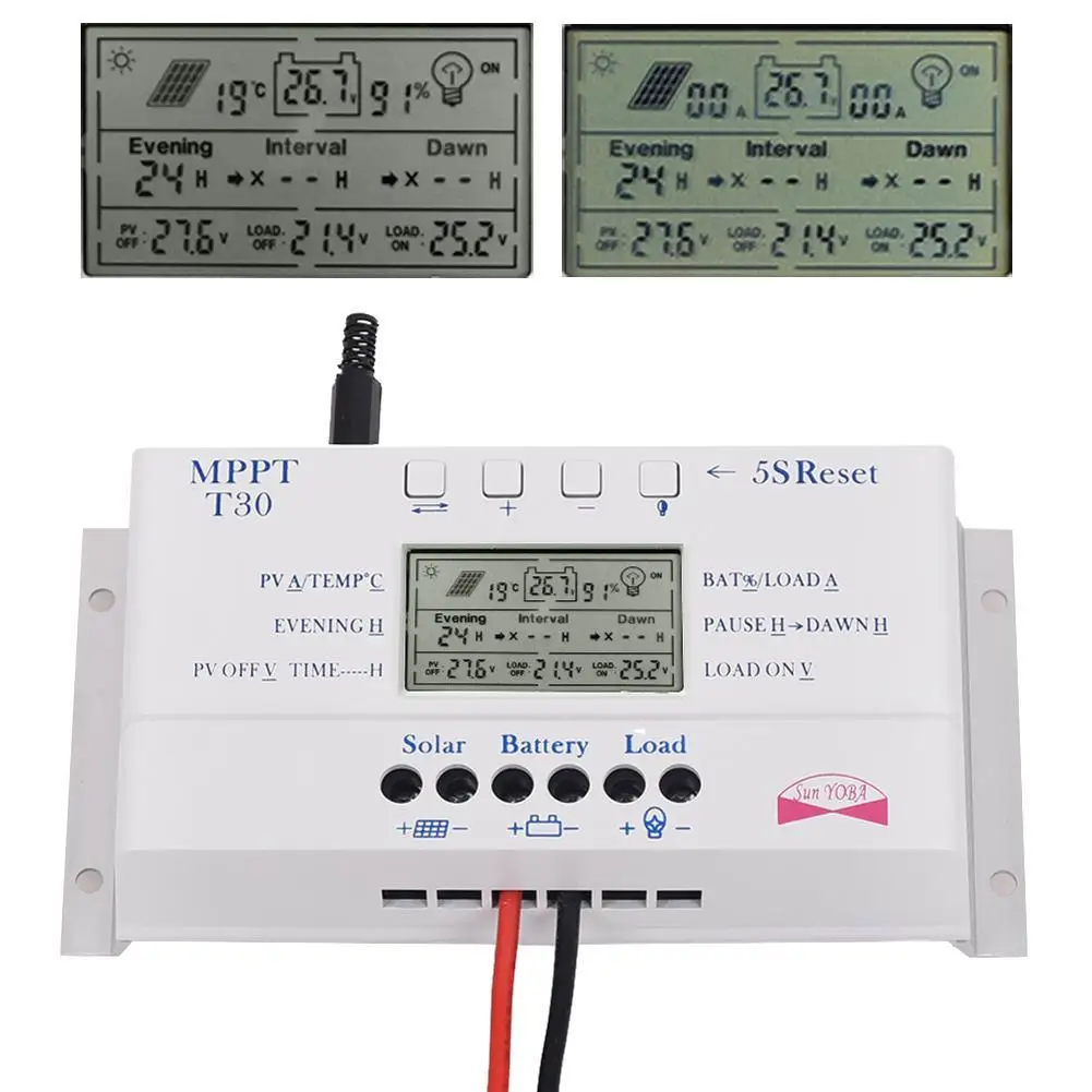 Регулятор солнечной панели LCD 30A 12 V/24 V MPPT Контроллер заряда и USB Три таймера A391