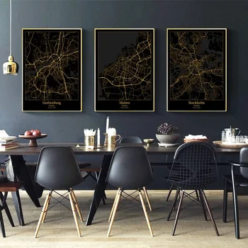 

Gothenburg Malmo Stockholm Sweden City Map Black and Gold Map Canvas Art Print Wall Pictures for Living Room No Frame
