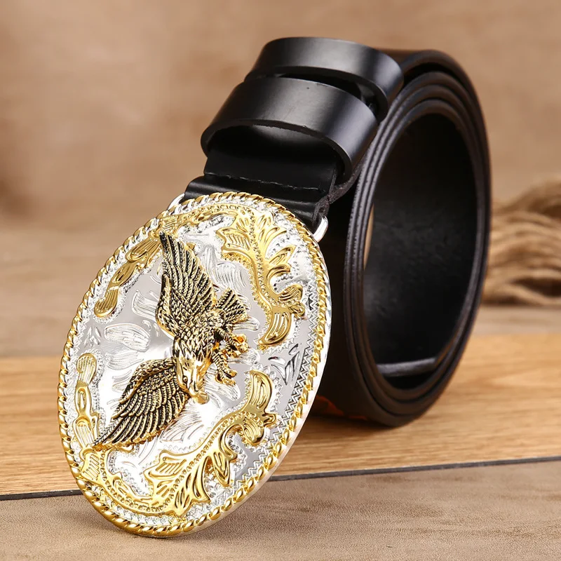 

High Quality Cow Leather Men Belt Big Alloy Eagle Buckle Fashion Designer Male Artcraft Strap Causal Cowskin Dress Belts for Men