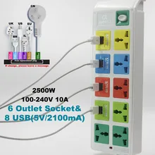 Интеллектуальная розетка с защитой от перенапряжения 6 штепсельная розетка и 8 usb розетка с ЕС Великобритания США универсальная силовая полоса