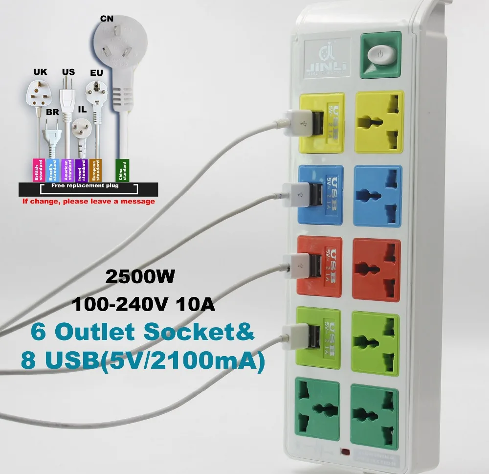 Surge Protected smart socket 6 Outlet Power Socket & 8 usb socket with EU UK US universal power strip Surge Protected smart socket 6 Outlet Power Socket & 8 usb socket with EU UK US universal power strip