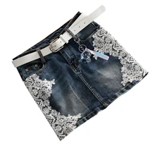 Джинсовая мини-юбка, летняя Новинка, модная женская джинсовая юбка с высокой талией и кружевным цветком, H293
