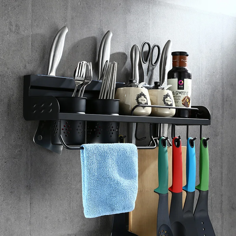  Non-perforated black kitchen shelf American 304 stainless steel kitchen pendant seasoning rack wall - 32871227514