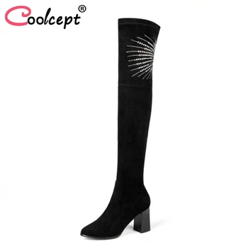 

CoolCept Size 31-45 Women Over Knee Boots Real Leather Bling Crystal Winter Fur Boots High Heels Warm Sexy Ladies Long Shoes