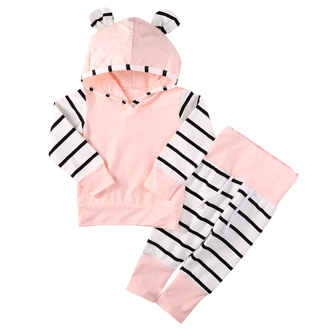 Solid Pink Striped Long Sleeve T Shirt Suit Infant Newborn Baby Girl Outfit Hood 