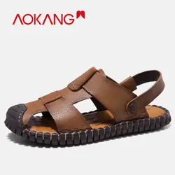 AOKANG 2019 летние сандалии для мужчин натуральная кожа повседневная обувь Удобные слипоны пляжные сандалии высокого качества мужские туфли