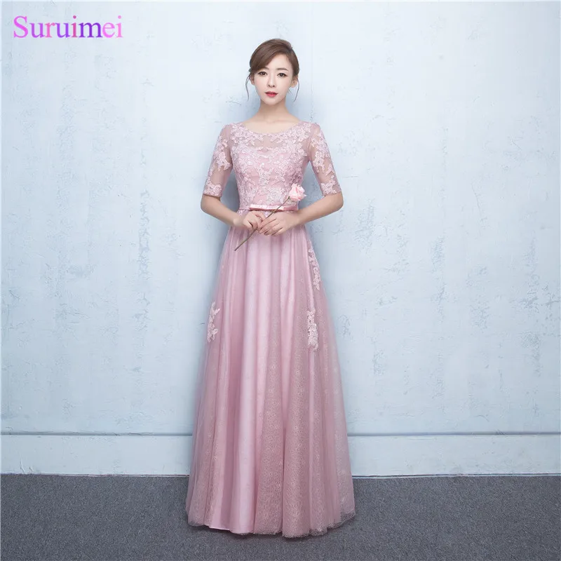 Blush Rose Roze Bruidsmeisjekleding Hoge Kwaliteit Sequines Lace Tulle Corset Lange Bruidenmeisje Jurk met Halve Mouwen Blush Rose Roze Bruidsmeisjekleding Hoge Kwaliteit Sequines Lace Tulle Corset Lange Bruidenmeisje Jurk met Halve Mouwen