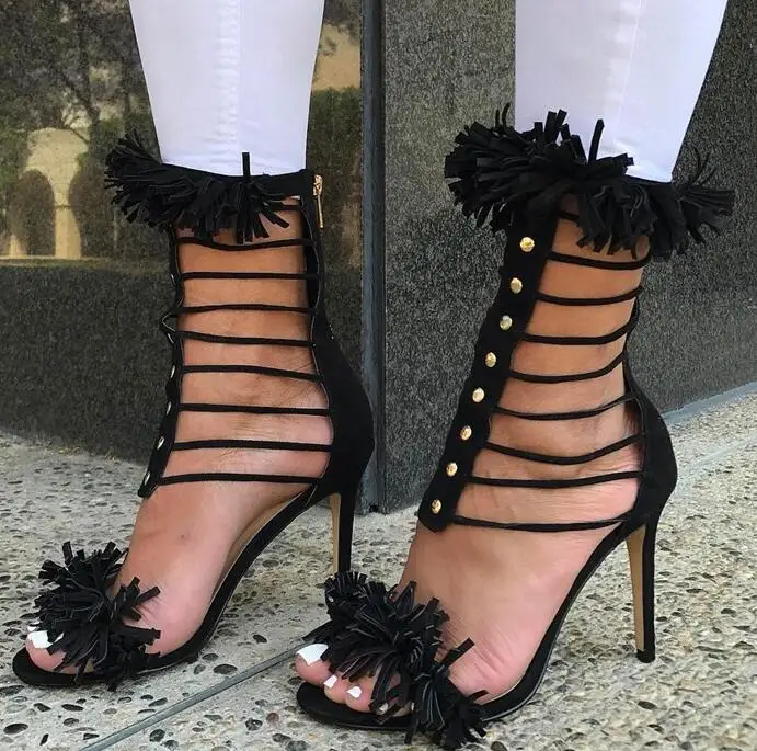 New Fashion Black Suede Leather Women Tassel Sandals Stud T Strap