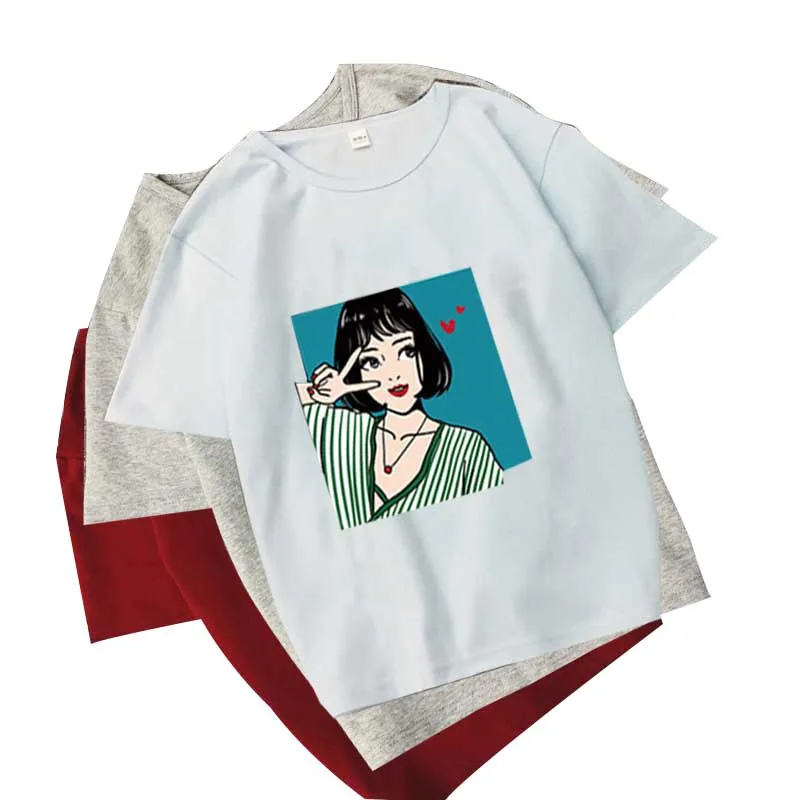 

Kawaii Girls Print Summer Women's T-shirt Casual Short-sleeved Simple Shirt Korean Style Plus Size Solid Cotton Women's T-shirt