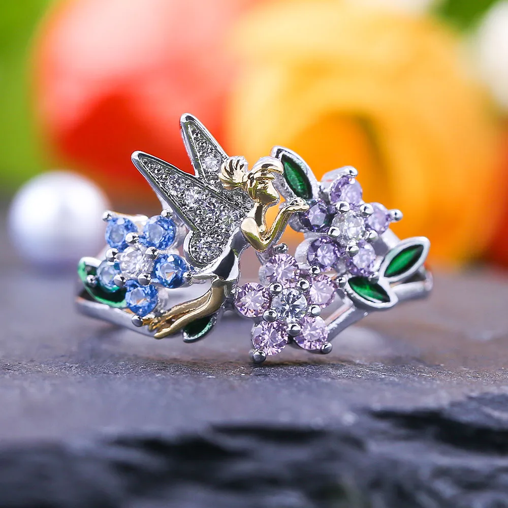 Кольцо в форме волшебной Феи Huitan, цветной, с кубическим цирконом, Женское кольцо в форме цветка, подарок на день рождения для девушки
