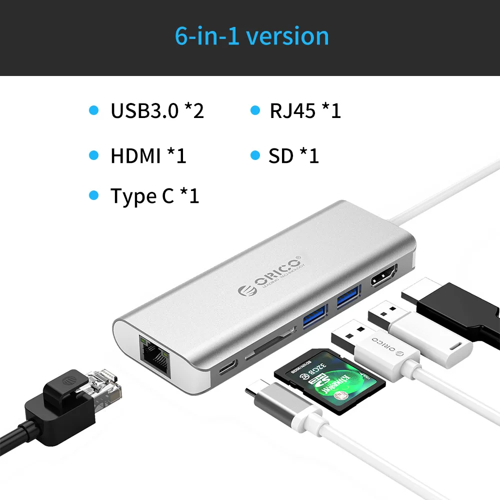 ORICO usb-хаб Тип C на HDMI RJ45 VGA для MacBook samsung HUAWEI 8-в-1 Тип C USB 3,0 концентратора 15 см кабель USB C концентратор USB - Цвет: XC-303