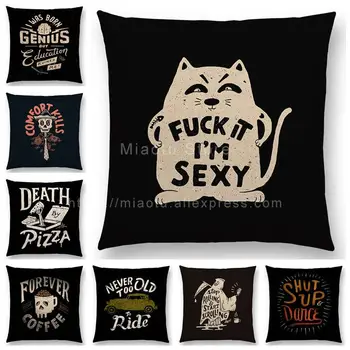 

Newest Funny Cartoon Interesting Words Decorative Letters Cushion Cover Coffee Pizza Cat Sofa Black Background Pillow Case