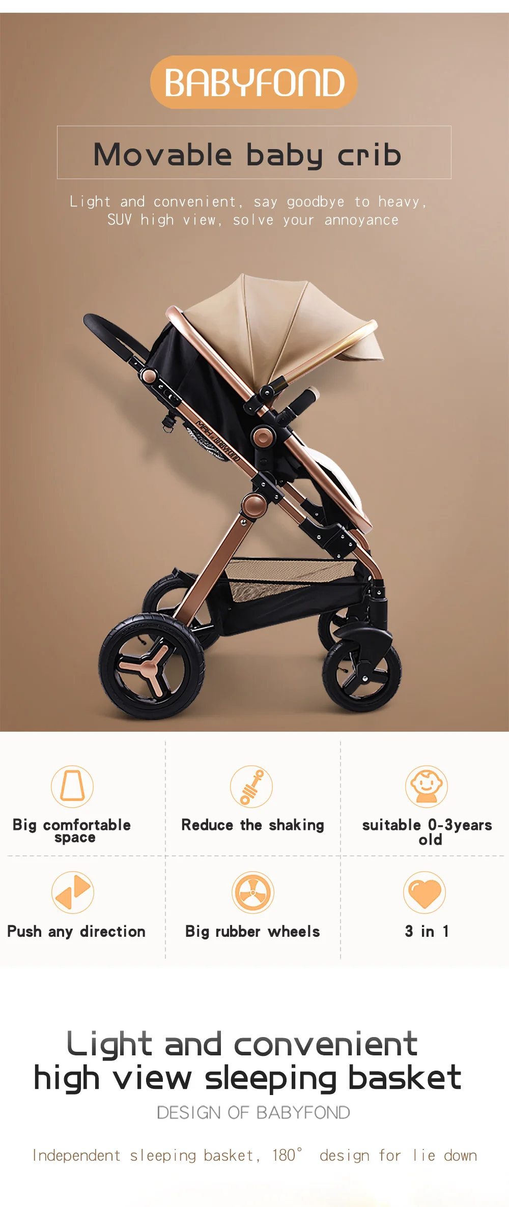 Золотая детская брендовая коляска с высоким пейзажем, складная коляска для новорожденных от 0 до 3 лет, BB cart, 3 в 1, детская коляска