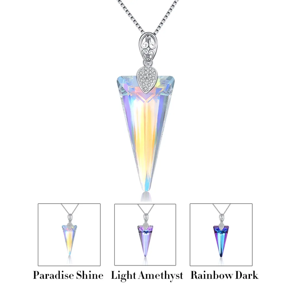 

925 Sterling Silver Fine Jewelry Color Changing Austrian Crystal Triangle Pendant Necklace for Women Waterdrop Teardrop