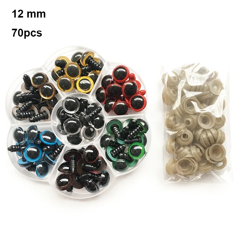 70PCS 8mm/10mm/12mm Mix 7 Colors Plastic Dolls Eyes Safety Eyes For Teddy Handmade DIY Doll Animal Puppet Craft Box With Washers 8