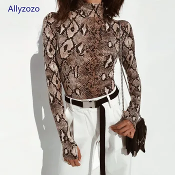 

Sexy Snake Print Bodysuits High Turtleneck Long Sleeve Rompers Jumpsuits Autumn Winter Playsuits Jumpsuits