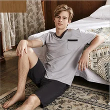 Летние Для Мужчин's Повседневное пижамные комплекты с короткими рукавами, для мальчиков, с треугольным вырезом, футболка и половина Штаны Для мужчин модал хлопковый пижамный комплект XXXL