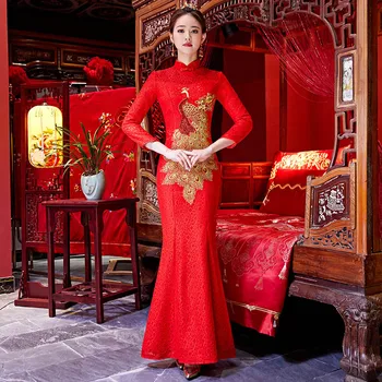 

Chinese Women Embroidery Peacock Cheongsam Oriental Qipao Marriage Dress Vintage Bride Wedding Dress Vestidos Retro Evening Gown
